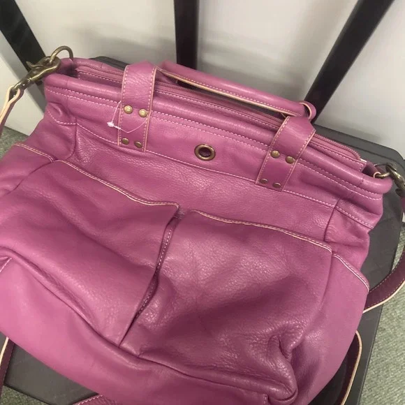 LEVENGER Purple Canvas Brown Leather Medium Pocket Tote Bag Purse - Picture 3 of 9